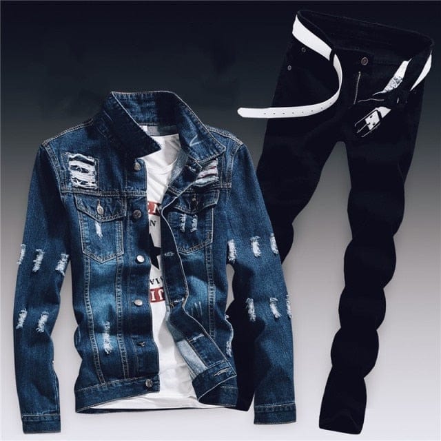 Men's Ripped Slim-Fit Denim Jacket and Jeans Two-Piece Set