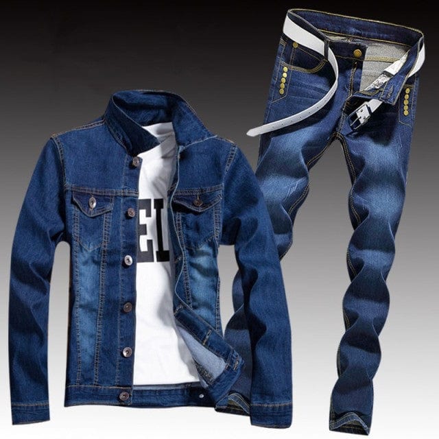 Men's Ripped Slim-Fit Denim Jacket and Jeans Two-Piece Set