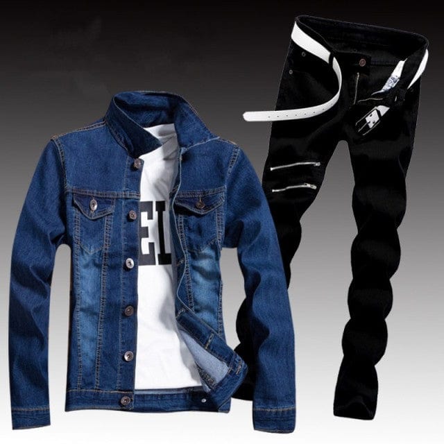 Men's Ripped Slim-Fit Denim Jacket and Jeans Two-Piece Set