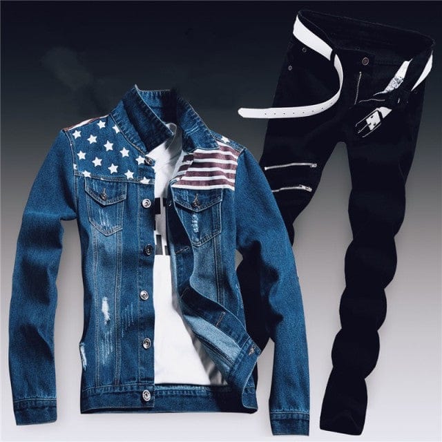 Men's Ripped Slim-Fit Denim Jacket and Jeans Two-Piece Set