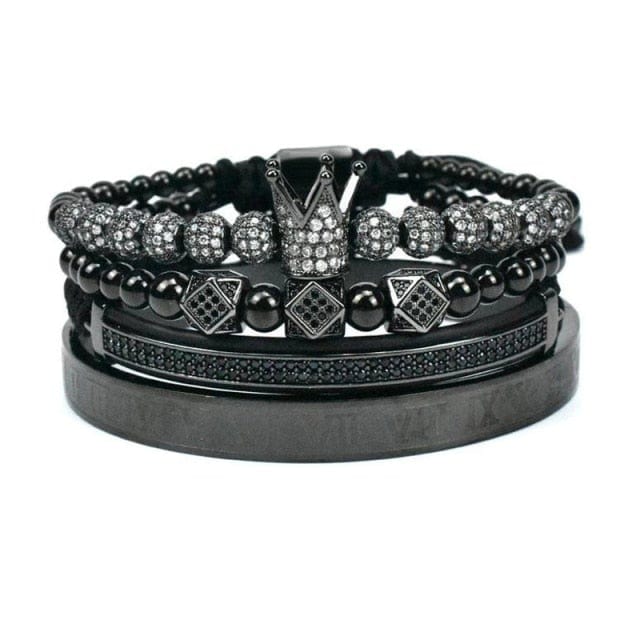 Men's 4pc Crown Charm Macrame Bead Bracelet Set