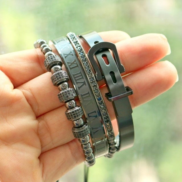 Men's 4-Piece Titanium Steel Roman Numeral Horseshoe Bracelet Set
