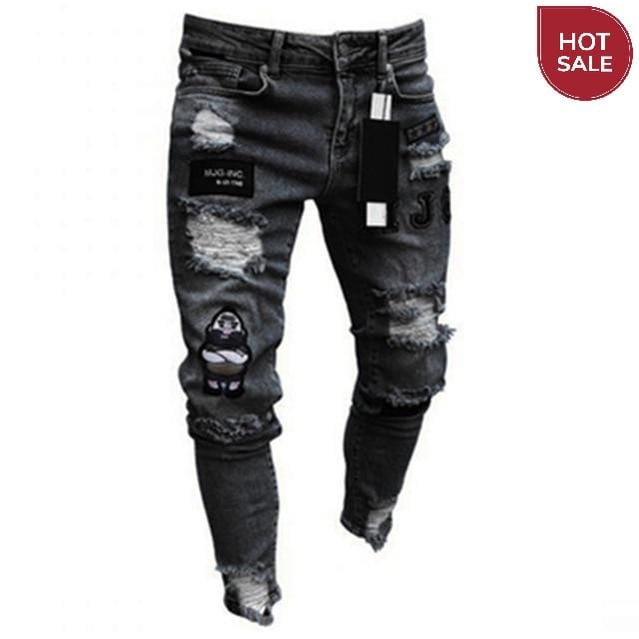 Men's Slim Distressed Jeans — Embroidered Denim