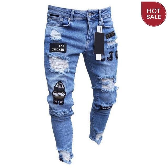 Men's Slim Distressed Jeans — Embroidered Denim