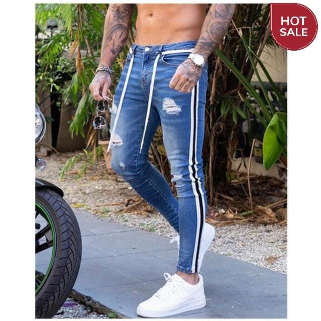 Men's Slim Distressed Jeans — Embroidered Denim