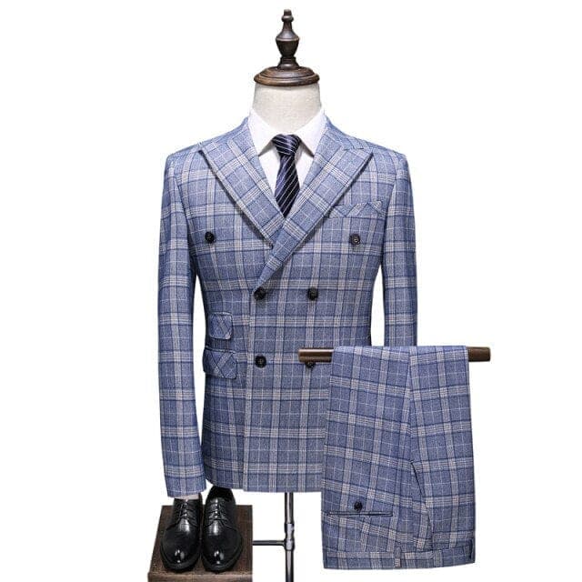 Men's Slim-Fit Plaid Double-Breasted Six-Button Business Suit