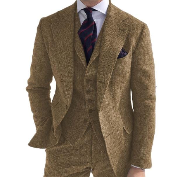 Men's 3-Piece Herringbone Wool Tweed Wedding Suit (Blazer Pants Vest)