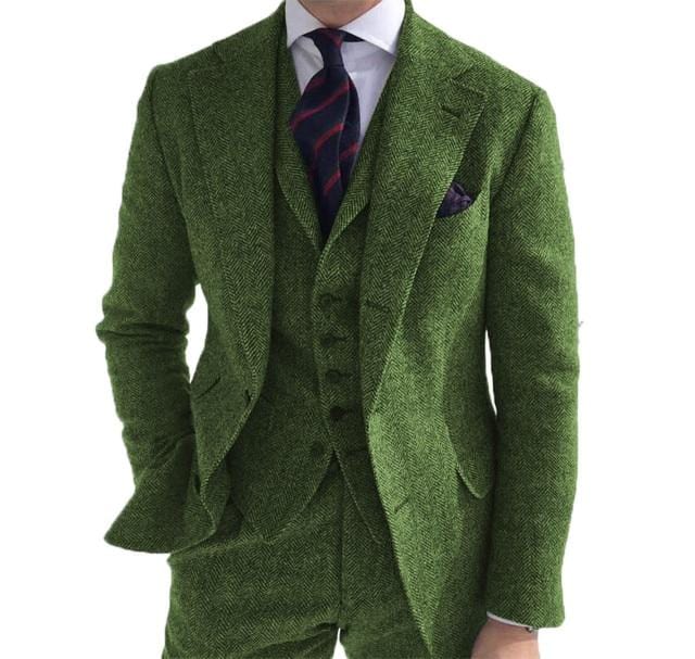 Men's 3-Piece Herringbone Wool Tweed Wedding Suit (Blazer Pants Vest)
