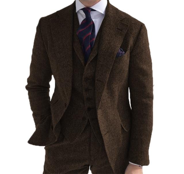 Men's 3-Piece Herringbone Wool Tweed Wedding Suit (Blazer Pants Vest)