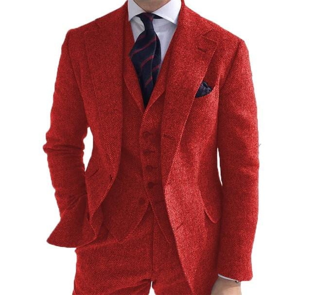 Men's 3-Piece Herringbone Wool Tweed Wedding Suit (Blazer Pants Vest)