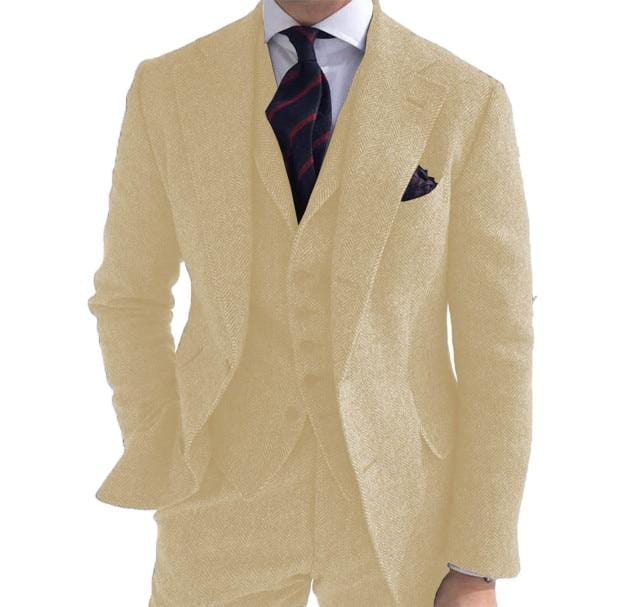 Men's 3-Piece Herringbone Wool Tweed Wedding Suit (Blazer Pants Vest)