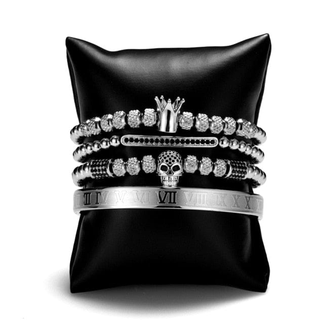 Men's Gold CZ Skull Roman Numeral Bracelet 4-Piece Set