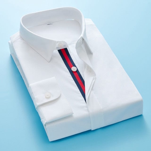 Men's Classic White Black Korean Covered Placket Long Sleeve Shirt