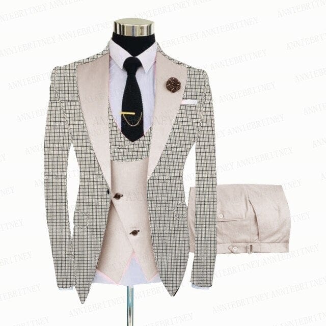 Men's White Grey Plaid 3-Piece Slim Wedding Tuxedo, Blazer Vest Pants
