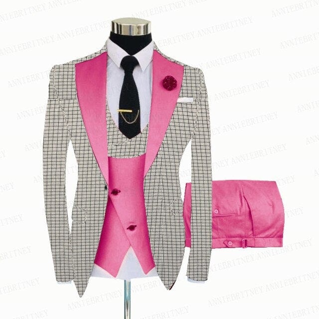 Men's White Grey Plaid 3-Piece Slim Wedding Tuxedo, Blazer Vest Pants