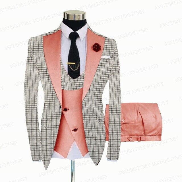 Men's White Grey Plaid 3-Piece Slim Wedding Tuxedo, Blazer Vest Pants