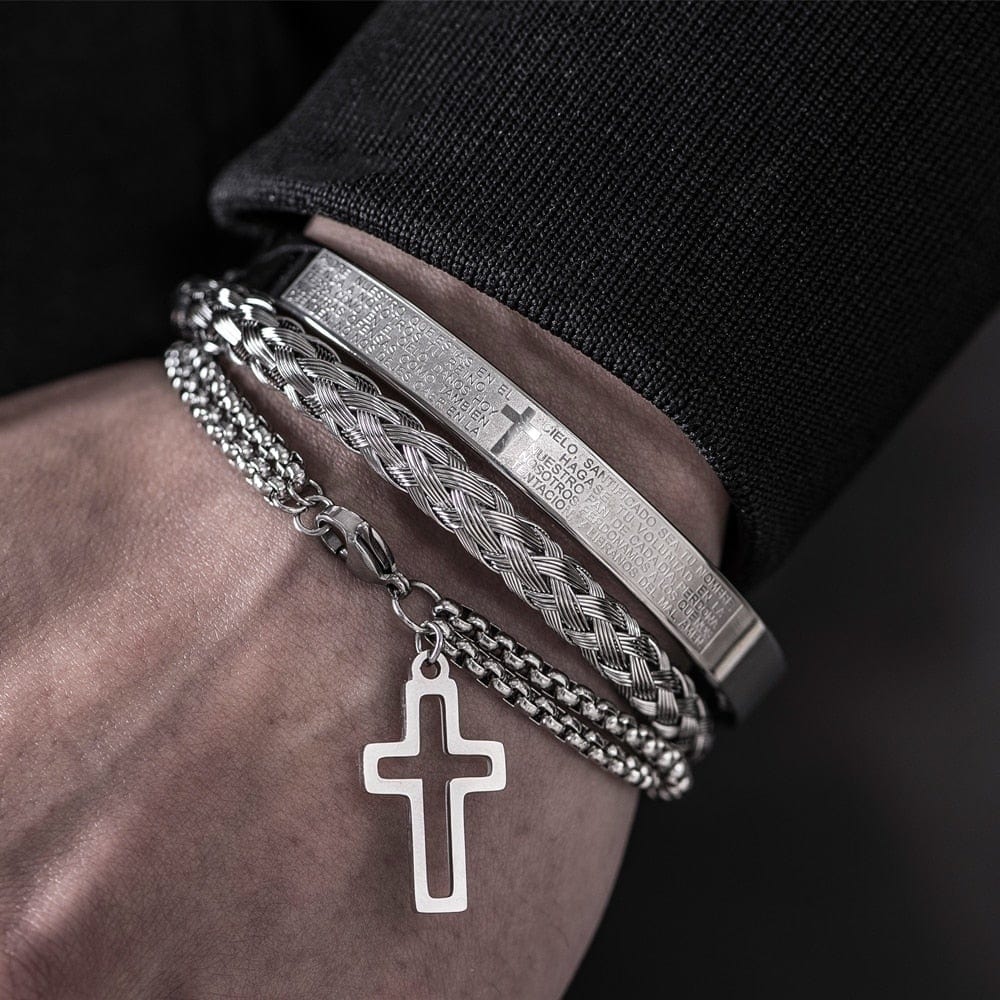 Men's Stainless Steel Cross Bracelet 3-Piece Spanish Scripture Set