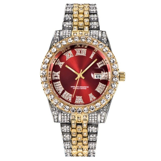 Unisex Hip Hop Iced Out Date Quartz CZ Wrist Watch