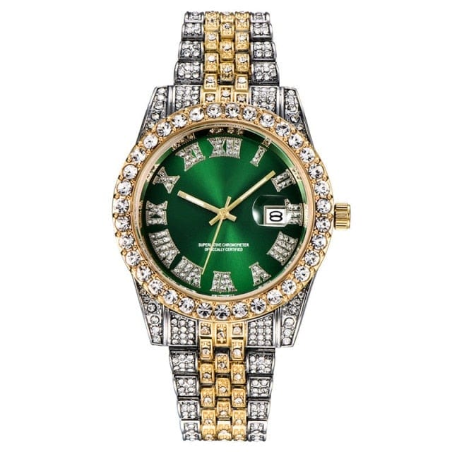 Unisex Hip Hop Iced Out Date Quartz CZ Wrist Watch