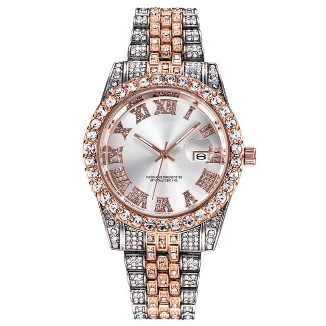 Unisex Hip Hop Iced Out Date Quartz CZ Wrist Watch