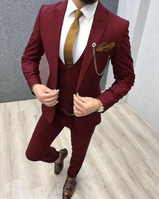 2020 Three Piece Royal Blue Men Suits Peaked Lapel Custom Made Wedding Tuxedos Slim Fit Male Suits (Jacket + Pants + Vest+Tie)
