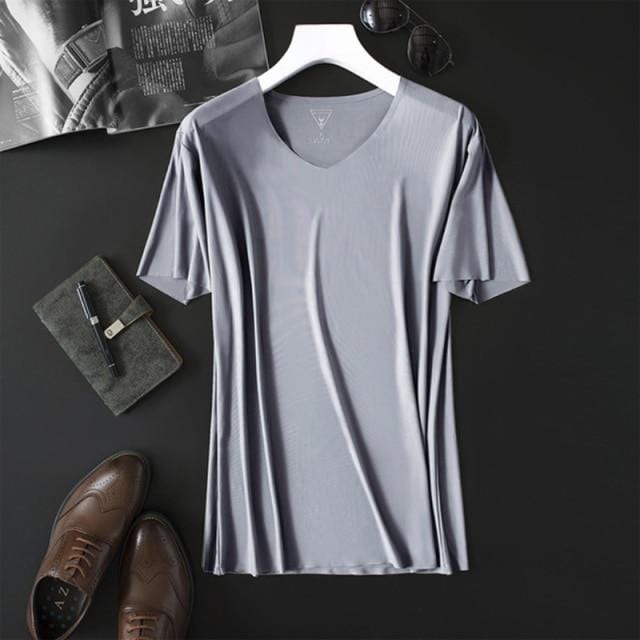2020 Men's Thin Non-Marking Slim V-Neck Bottoming Fashion Men's Short-Sleeved Ice Silk Summer Solid Color T-Shirt