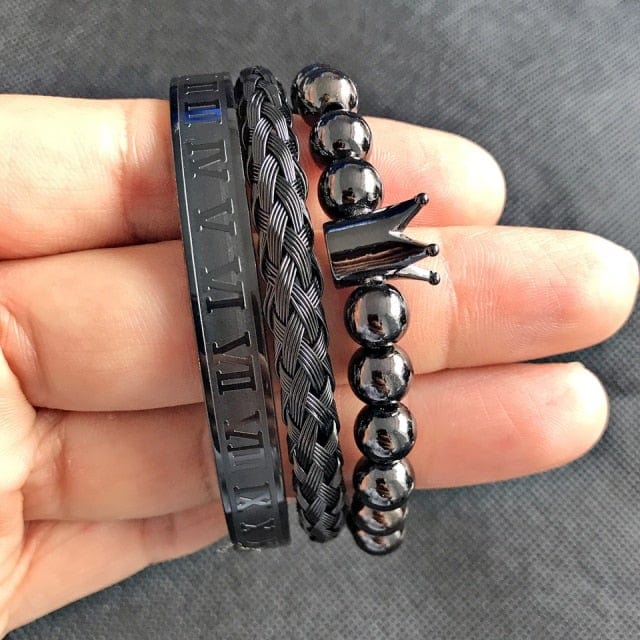 Men's Gold Stainless Steel Roman Crown 3-Piece Hip Hop Bracelet Set