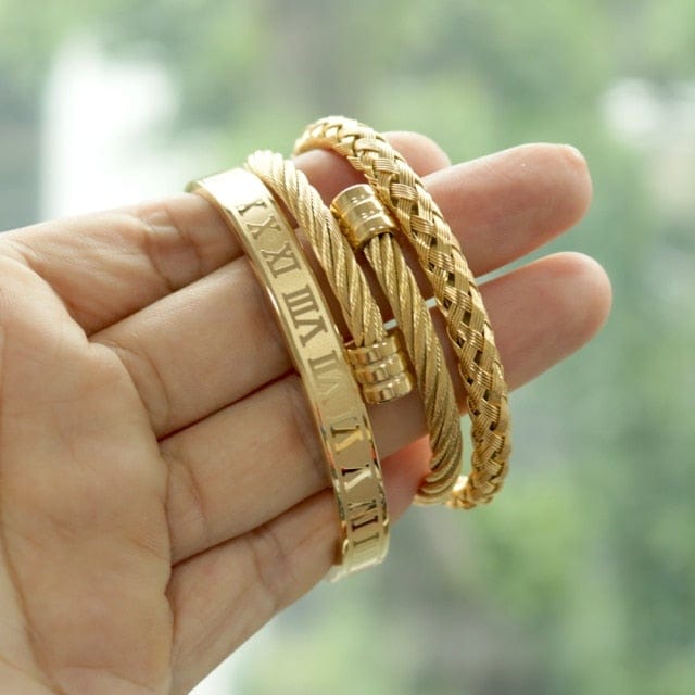 Men's Gold Stainless Steel Roman Crown 3-Piece Hip Hop Bracelet Set
