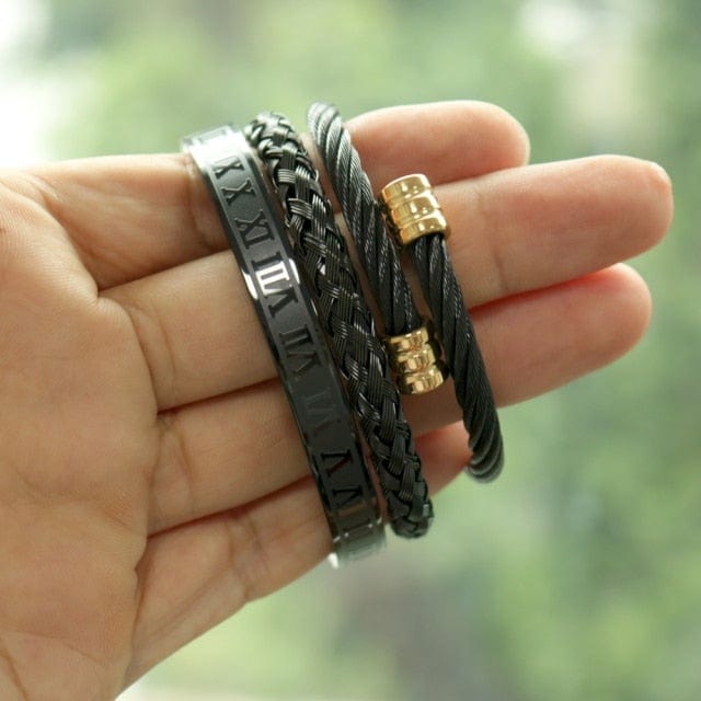 Men's Gold Stainless Steel Roman Crown 3-Piece Hip Hop Bracelet Set