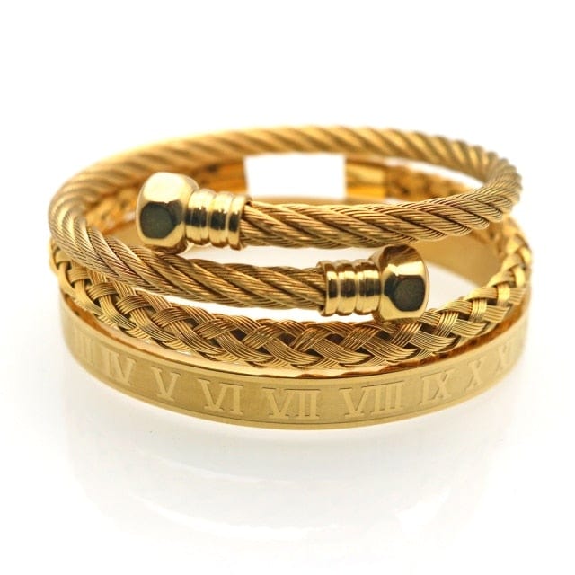 Men's Gold Stainless Steel Roman Crown 3-Piece Hip Hop Bracelet Set