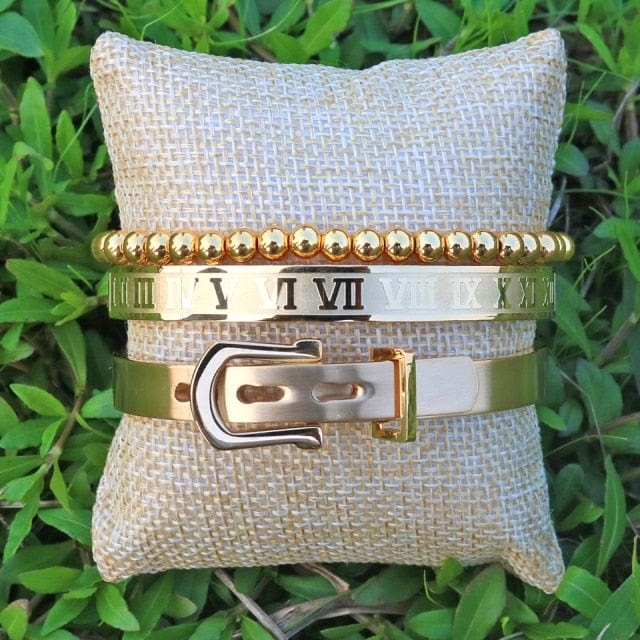 Men's Gold Stainless Steel Roman Crown 3-Piece Hip Hop Bracelet Set