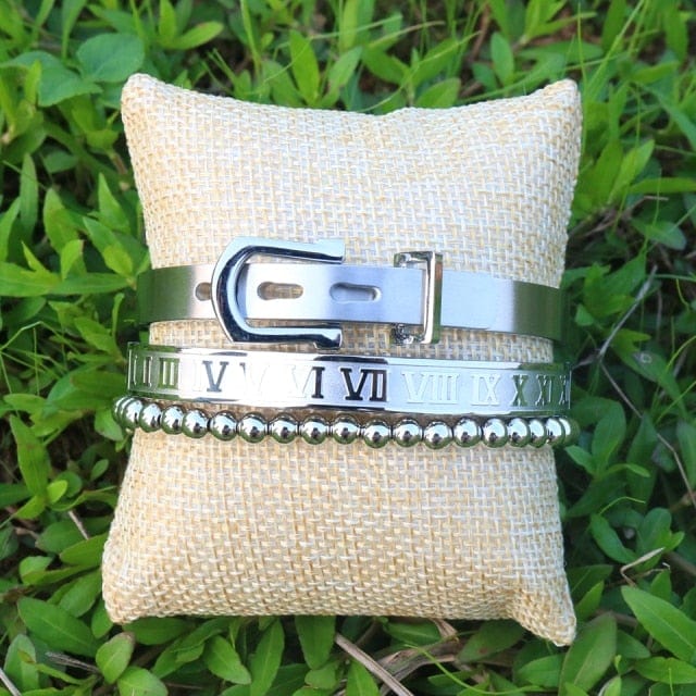 Men's Gold Stainless Steel Roman Crown 3-Piece Hip Hop Bracelet Set