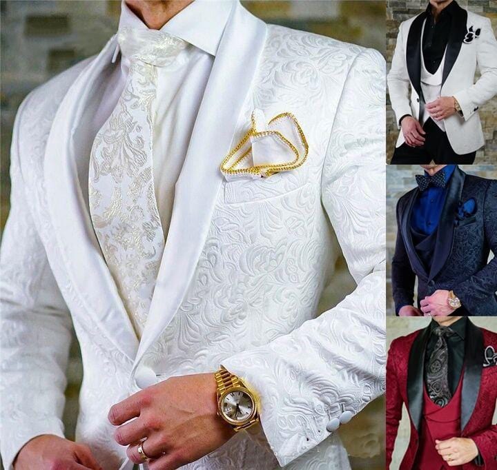 Men's White Shawl Lapel Jacquard Wedding Tuxedo