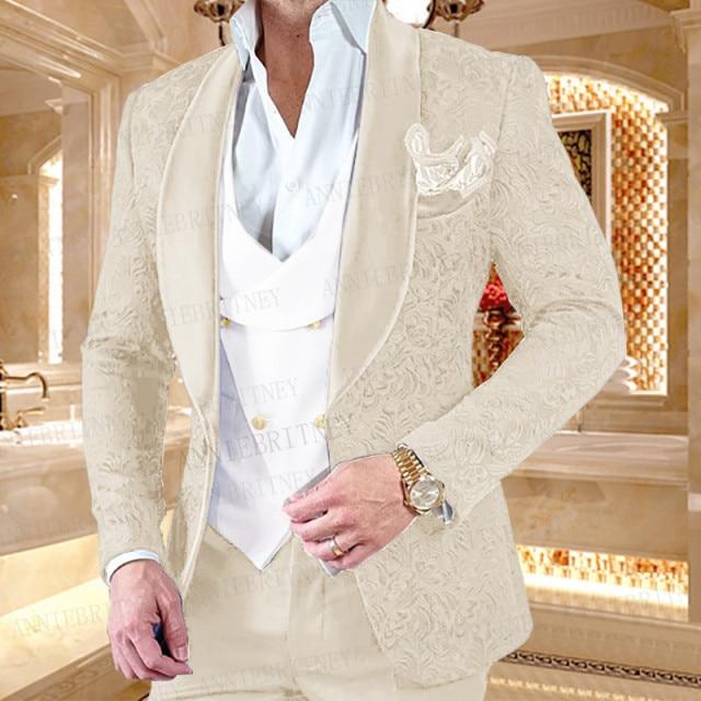 Men's White Shawl Lapel Jacquard Wedding Tuxedo