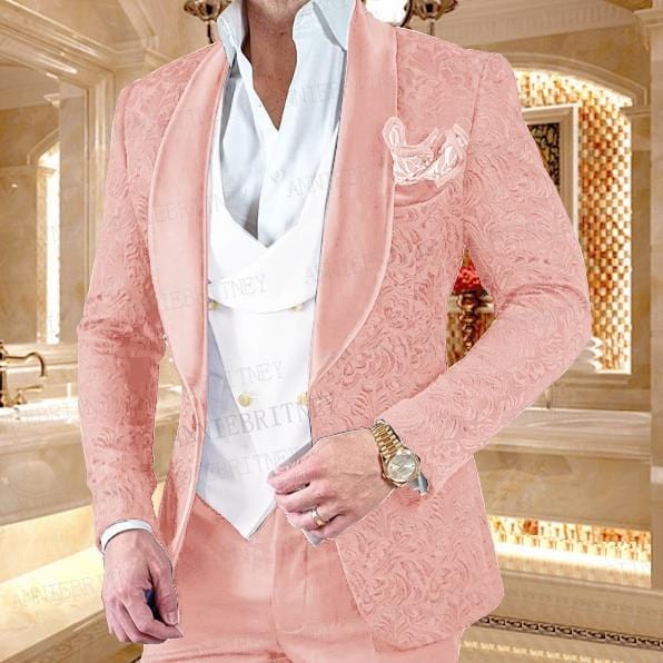 Men's White Shawl Lapel Jacquard Wedding Tuxedo
