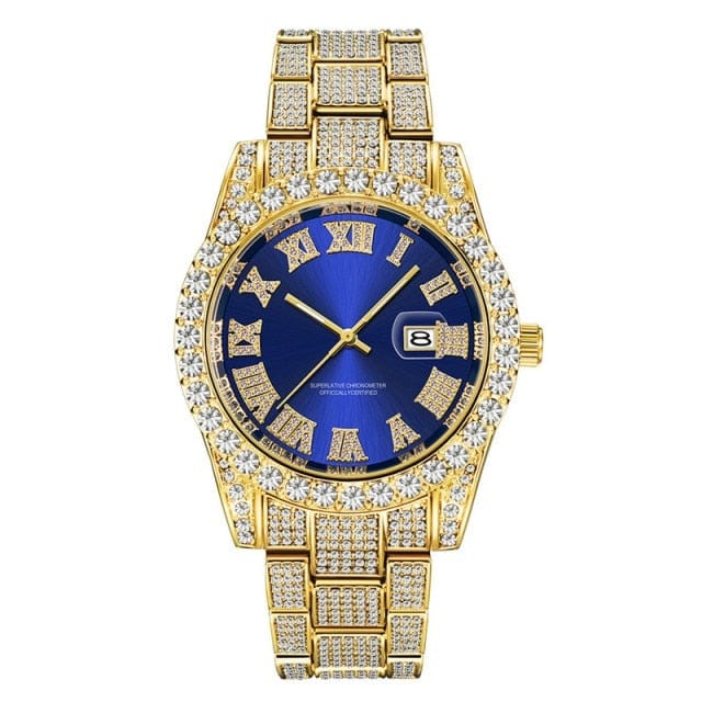 Unisex Hip Hop Iced Out Date Quartz CZ Wrist Watch