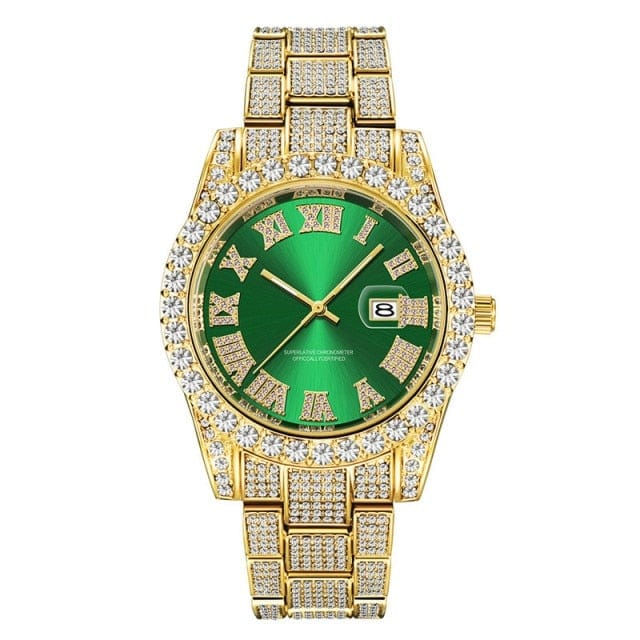 Unisex Hip Hop Iced Out Date Quartz CZ Wrist Watch