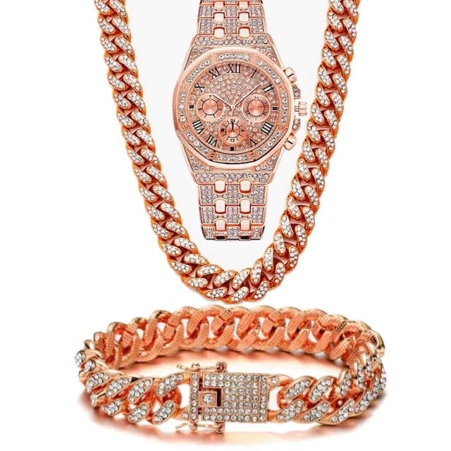 Unisex Iced-Out Cuban CZ Chain Watch Necklace Jewelry Set