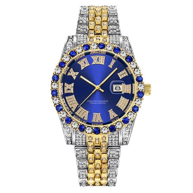 Unisex Hip Hop Iced Out Date Quartz CZ Wrist Watch