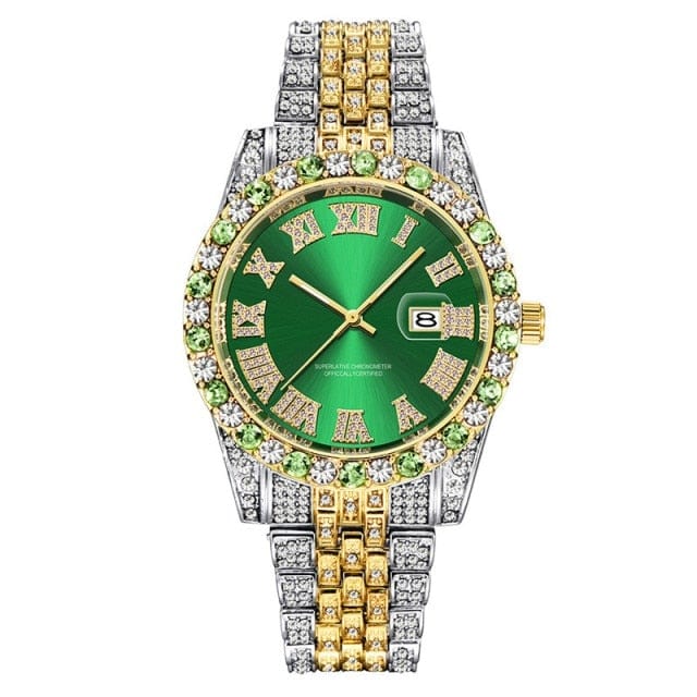 Unisex Hip Hop Iced Out Date Quartz CZ Wrist Watch