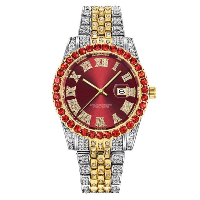 Unisex Hip Hop Iced Out Date Quartz CZ Wrist Watch