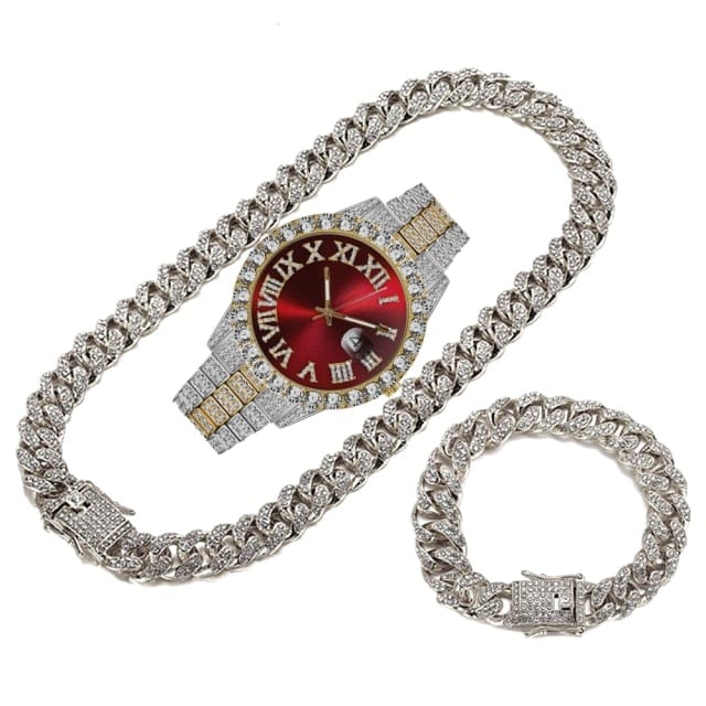 Men's Gold Iced-Out Cuban Chain Watch Bracelet Necklace Set
