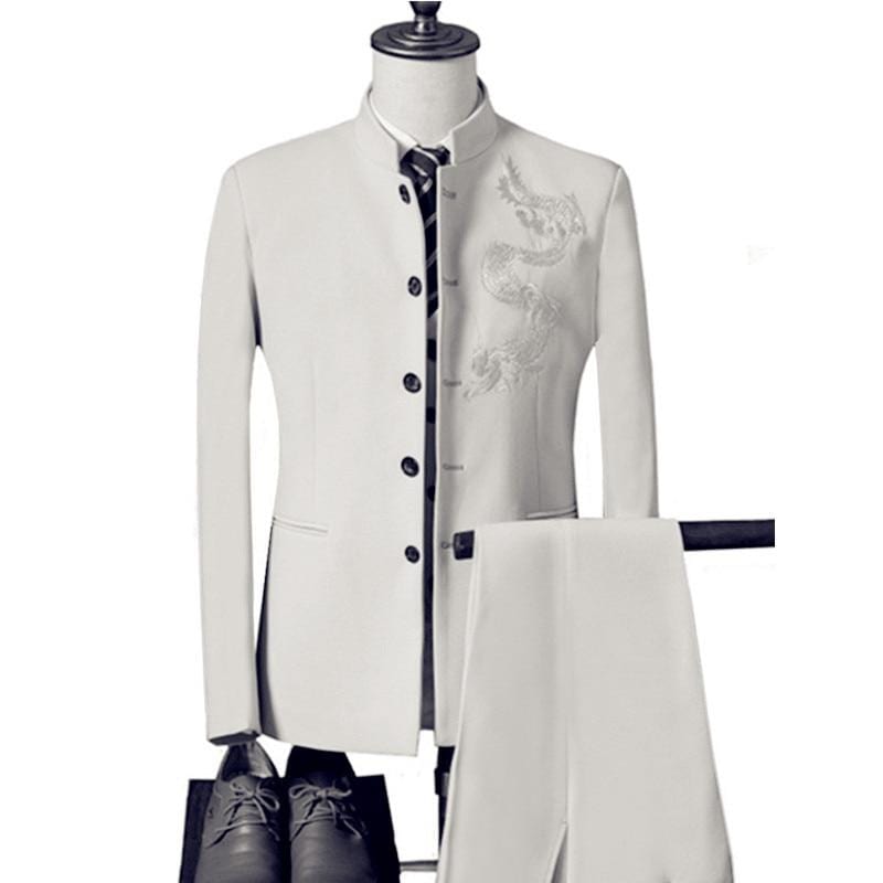 Men's Stand Collar Dragon Embroidered Wedding 3-Piece Suit
