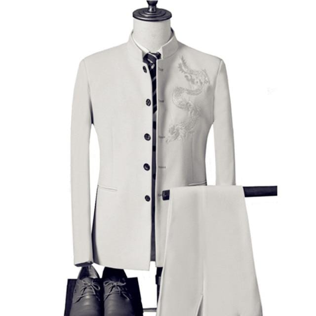 Men's Stand Collar Dragon Embroidered Wedding 3-Piece Suit