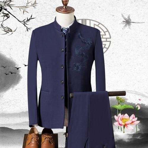 Men's Stand Collar Dragon Embroidered Wedding 3-Piece Suit