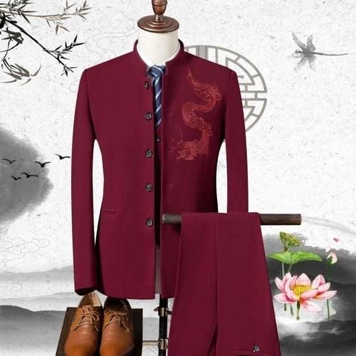 Men's Stand Collar Dragon Embroidered Wedding 3-Piece Suit