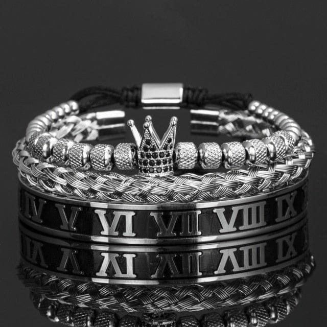 Men's Crown Enamel Roman Numeral Stainless Steel CZ Open Bangle