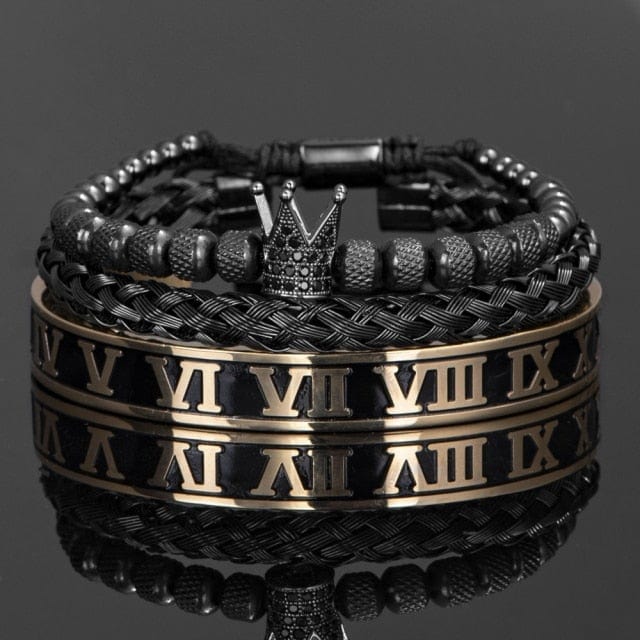 Men's Crown Enamel Roman Numeral Stainless Steel CZ Open Bangle