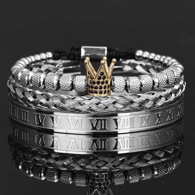 Men's Crown Enamel Roman Numeral Stainless Steel CZ Open Bangle