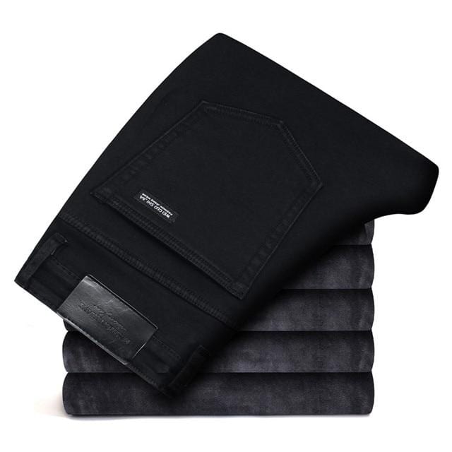 Men's black winter skinny jeans on-body product photo